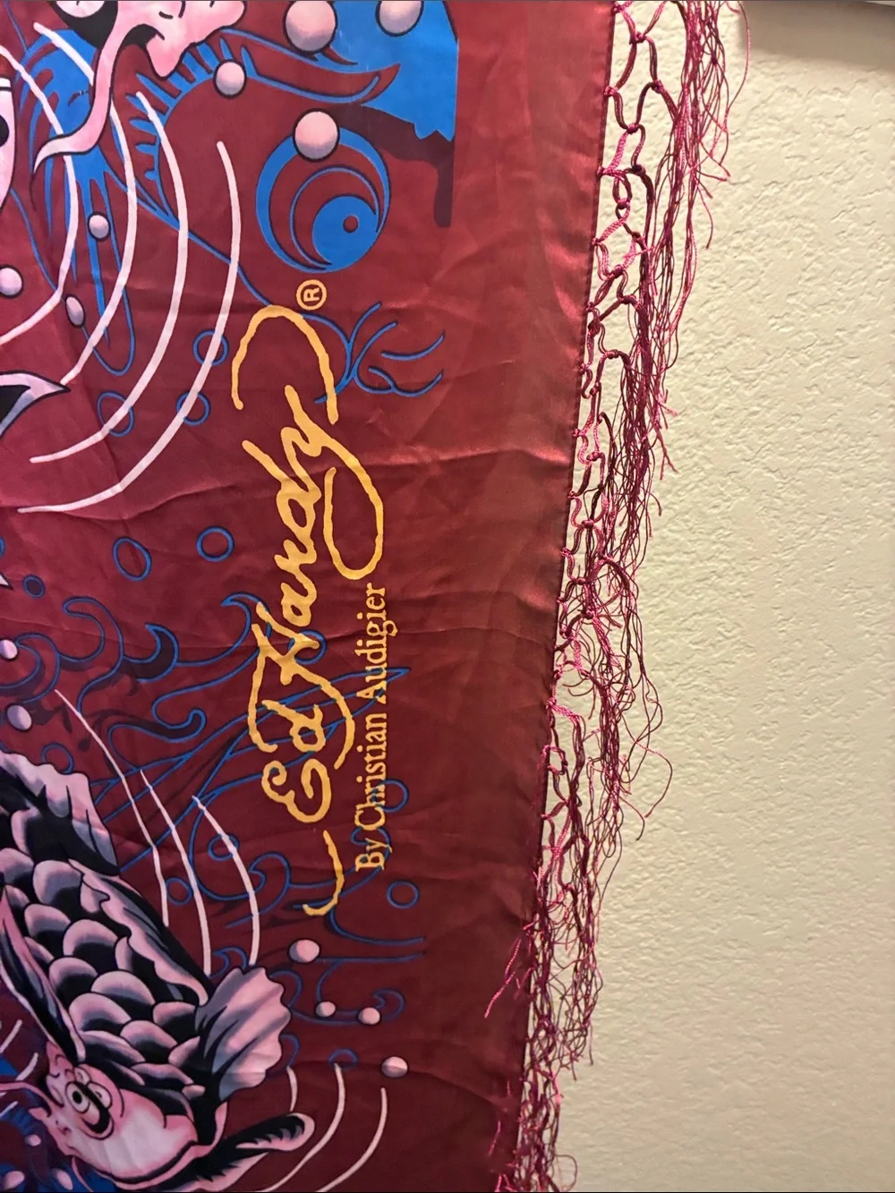 Ed Hardy by Christian Audigier 100% silk scarf features w/ koi fish artwork
